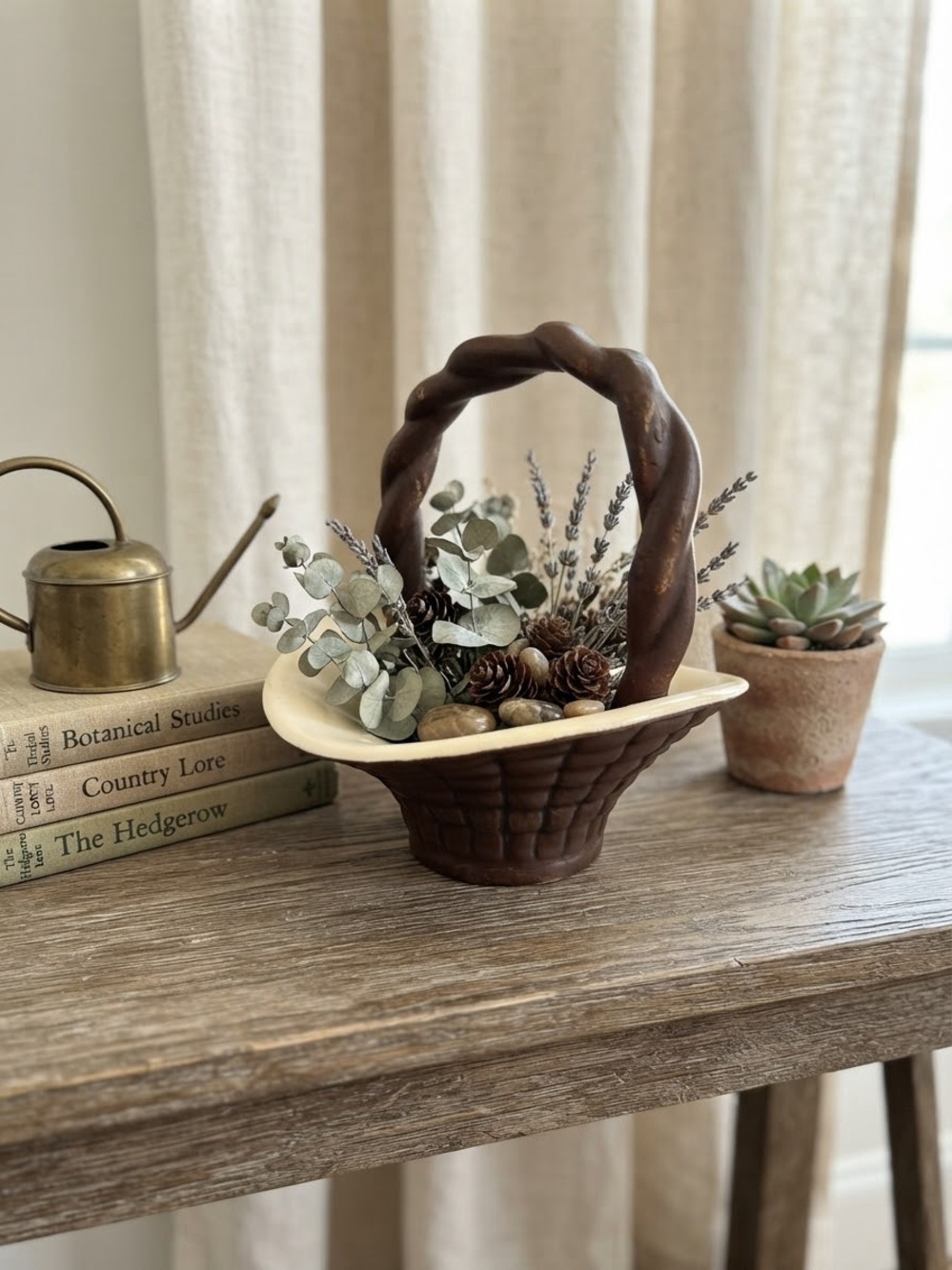Vintage 1974 Hand-Inscribed Ceramic Basket